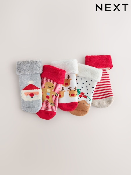 Red - Christmas Roll Top Baby Socks 5 Pack