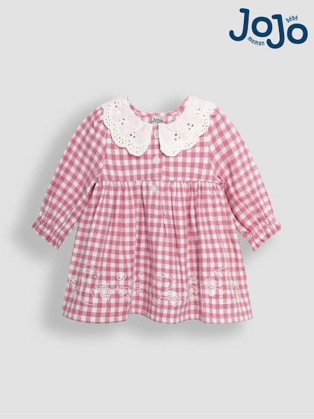 JoJo Maman Bébé Pink Mouse Embroidered Gingham Baby Dress & Tights Set (B99531) | €49