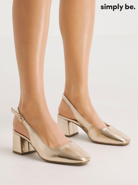 זהב - Simply Be Wide Fit Flexi Sole Kitten Heel Slingback Block Heel Shoes (B99564) | ‏171‏₪