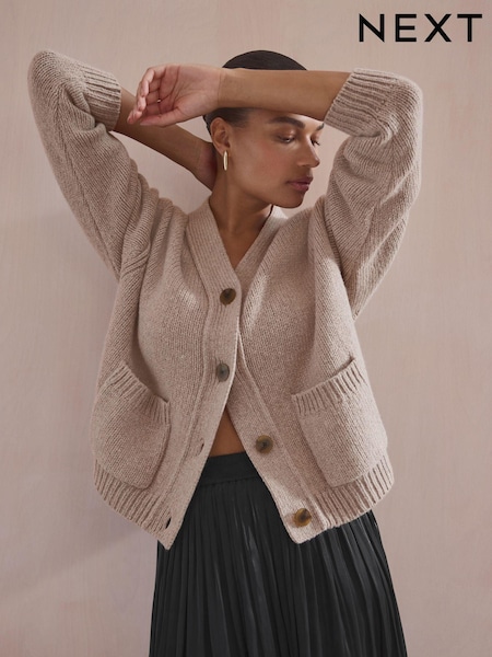 Neutral Wool Blend Yak Soft Touch Front Pocket Knitted Cardigan (B99768) | €73