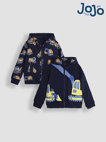 JoJo Maman Bébé Navy Blue Construction Vehicle Appliqué Reversible Hoodie (B99816) | €45