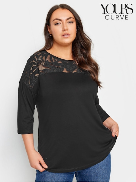 Yours Curve Floral Mesh Detail Top (B99824) | R$ 275
