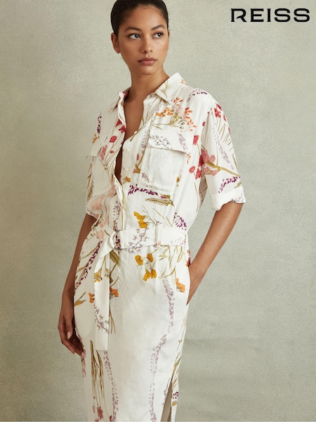Reiss Ivory/Orange Faya Floral Print Belted Midi Dress (B99865) | €95
