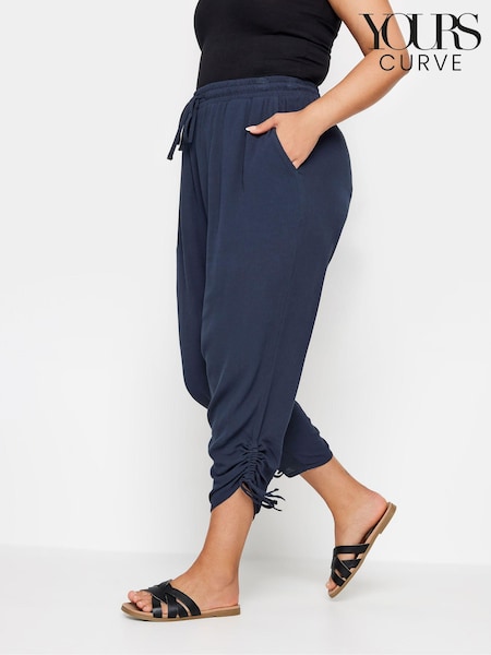 Yours Curve Blue Crinkle Ruched Hem Cropped Trousers (B99880) | €38