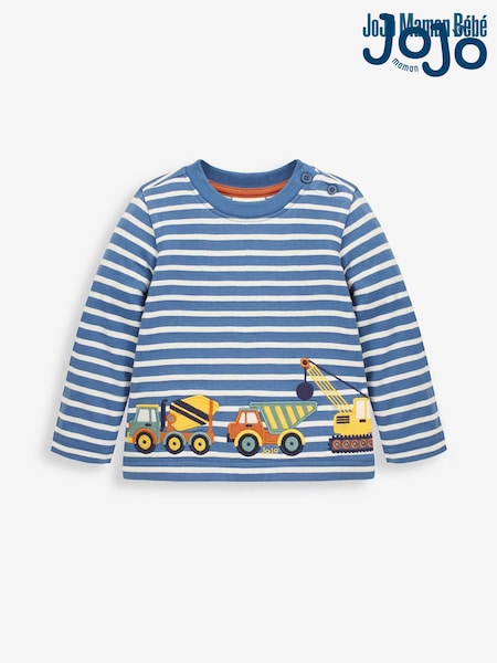 JoJo Maman Bébé Blue Stripe Vehicles Appliqué Border Top (C00302) | €29