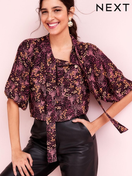 Purple Print Tie Neck Button Short Sleeve Blouse (C00389) | €21