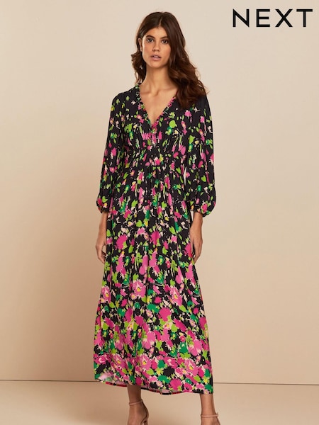 Черный и розовый с цветочным принтом - Ruffle V-Neck 3/4 Sleeve Midi Dress (C00441) | €26