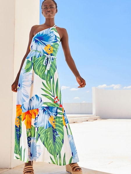 White Floral One Shoulder Plaited Midi Summer Dress (C00521) | €27