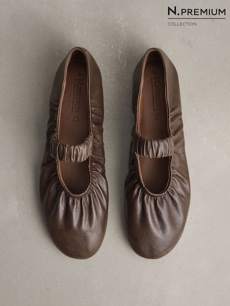 Brown - N. Premium Leather Ruched Mary Janes Shoes