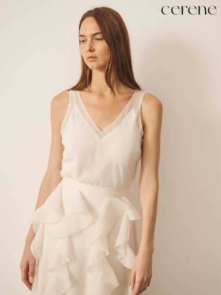 أبيض عاجي - Cerene Silk Mesh Trim V-neck Camisole