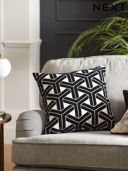 Black/White 50 x 50cm Geometric Flock Cushion (C00783) | 61 QAR