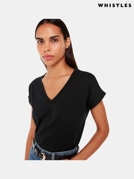 Whistles Black V-Neck Willa Cap Sleeve 100% Cotton T-Shirt (C00803) | ₪176