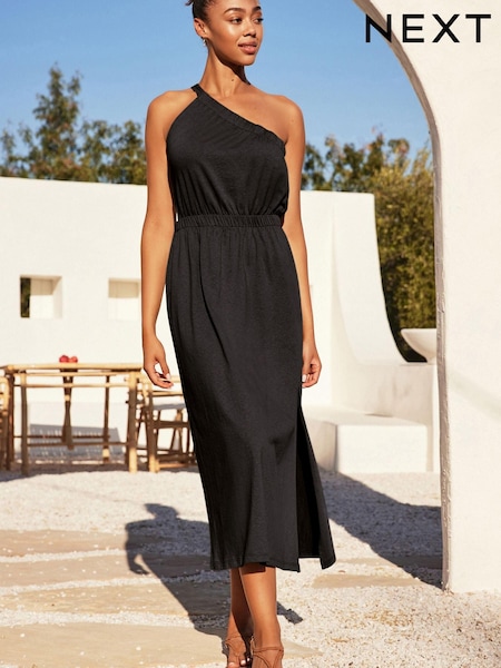 Black One Shoulder Split Hem Cotton Midi Summer Dress (C01247) | €17.50