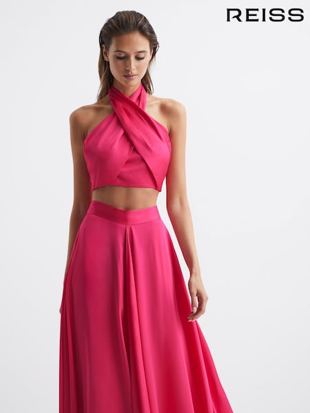 Reiss Pink Ruby Cropped Halter Occasion Top (C01588) | AED706