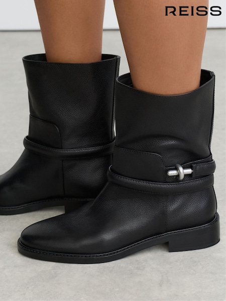 Crno - Reiss Rosalee Leather Turnlock-hardware Biker Ankle Boots
