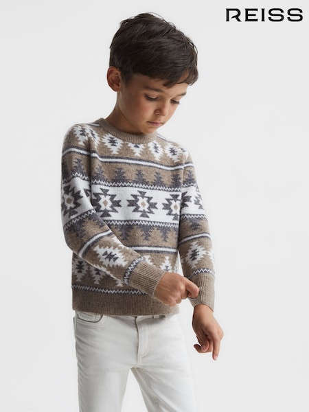 Reiss Toast Melange Peak Junior Navajo-Jacquard Wool Blend Jumper (C01872) | €67