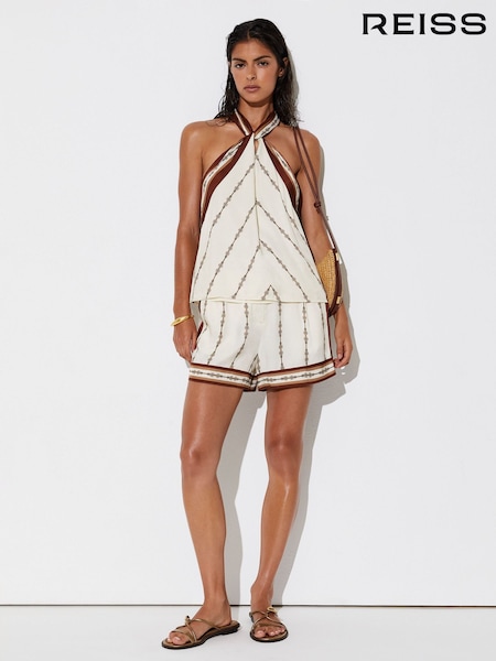 Ivory - Reiss Jayce Chain-print Halterneck Top