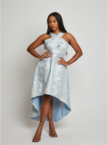 Chi Chi London Cross Front Halter Floral Jacquard Dip Hem Dress (C02251) | 394 LEI