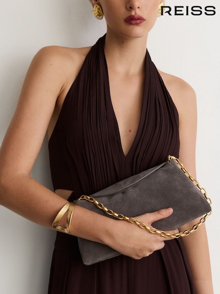 Grey - Reiss Presley Suede Chain-strap Clutch Bag