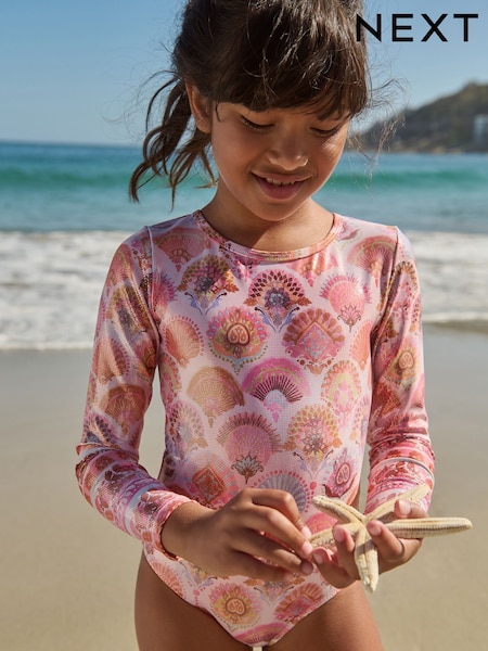 Coral Pink Foil Print Long Sleeve Swimsuit (3-16yrs) (C03097) | €8.50 - €12