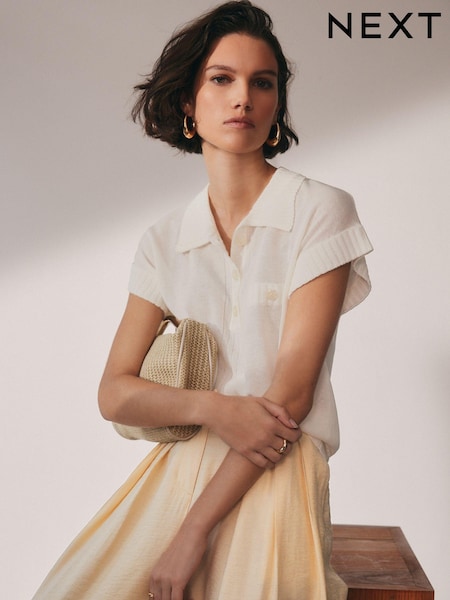 Ecru White Linen Short Sleeve Polo Neck Top (C03669) | €13