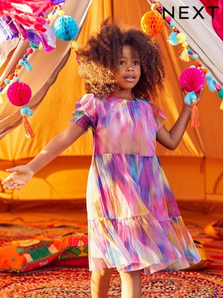Pink/Purple Rainbow Sparkle Sparkle Mesh Short Sleeve Tiered Party Dress (3-16yrs) (C03700) | €21 - €25