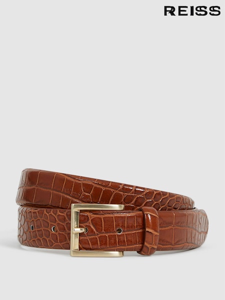 Reiss Tan Albany Leather Crocodile Print Belt (C03855) | AED432