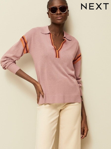 Розовый - Tipped Linen Polo Long Sleeve Jumper (C03918) | €6