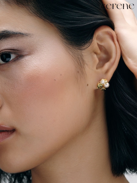 Olive Green Gold Tone - Cerene Pearl Shimer Stud Earrings