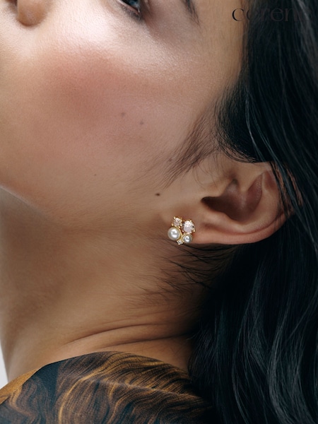 Peach Pink Gold Tone - Cerene Pearl Shimer Stud Earrings