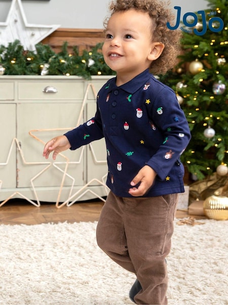 JoJo Maman Bébé Navy Christmas Embroidered Polo Shirt (C04227) | 94 QAR