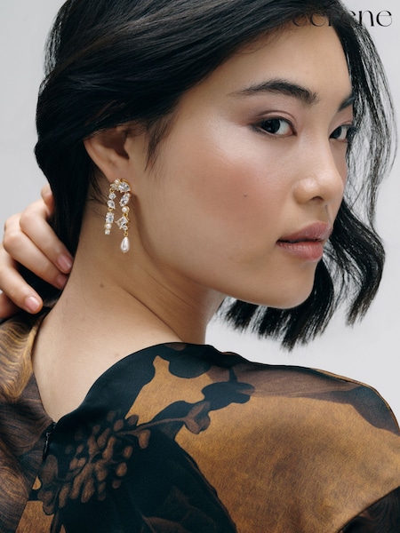 Clear Gold Tone - Cerene Pearl Shimmer Drop Earings