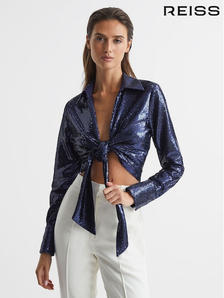 Reiss Hannah Tie Front Sequin Top (C04852) | €233