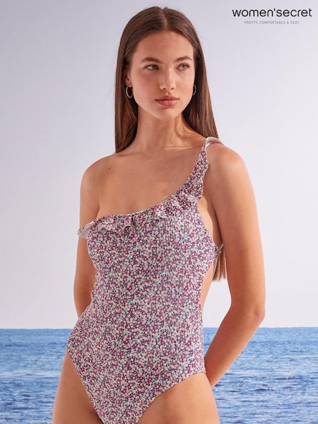 Women'secret Pink Floral Print Flounced Asymmetric Swimsuit (C04979) | €17