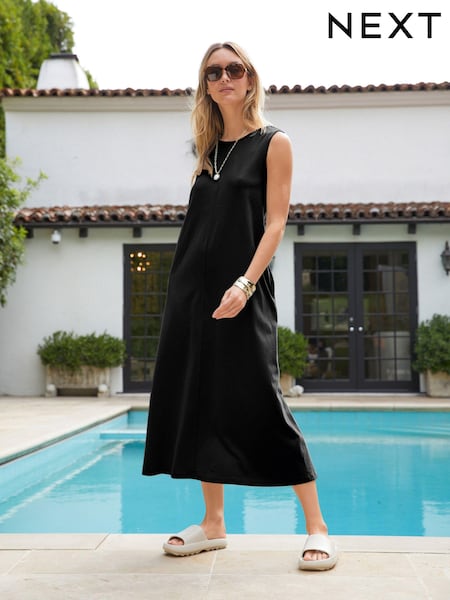 أسود - Sleeveless Cotton Jersey Midi Summer Dress (C05043) | ‏10 د.إ.‏