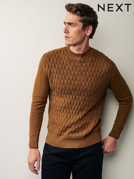 Caramel Brown Knitted Textured High Crew Jumper (C05554) | €7