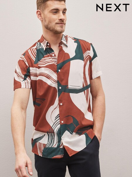 Rust Brown Short Sleeve Printed Shirt With Cuban Collar (C06361) | €15
