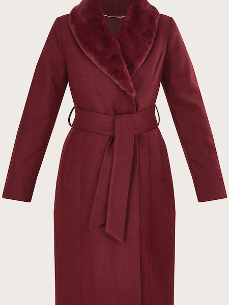 Monsoon Red Rufus Faux Fur Collar Belted Coat (C06606) | €108