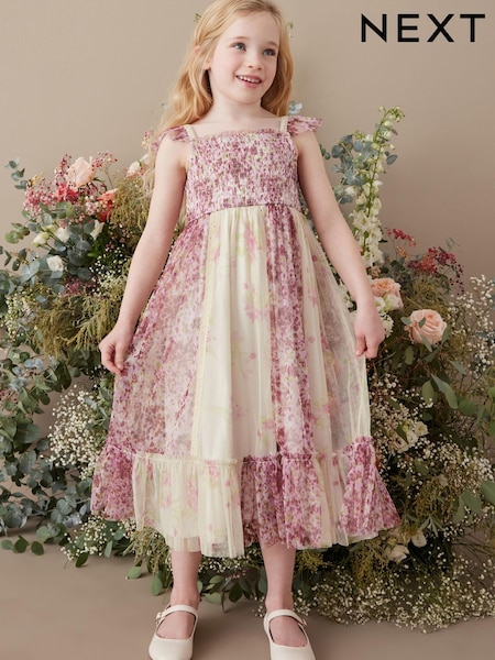 Pink/ Ecru White Floral Print Mesh Strappy Midi Dress (3-16yrs) (C06799) | € 19 - € 23