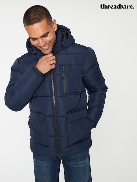 Threadbare Navy Showerproof Double Layer Puffer Hooded Jacket (C07088) | €85