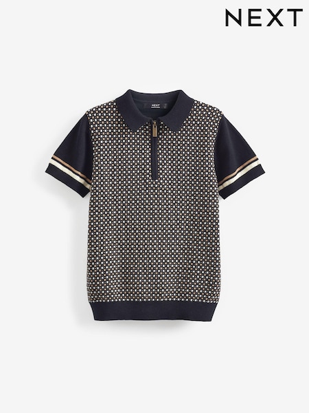 Črno-rumenorjava - Knitted Short Sleeve Geo Pattern Polo Shirt (3-16yrs) (C07769) | € 10 - € 15
