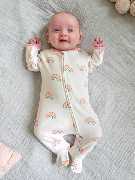 JoJo Maman Bébé Cream Rainbow Print Zip Baby Sleepsuit (C09282) | R$ 195