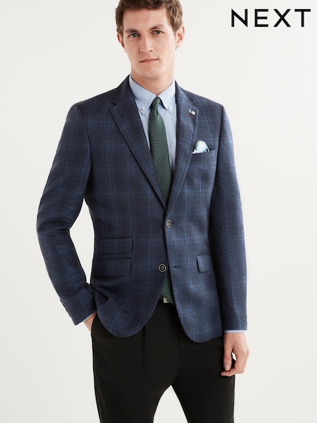 Navy Blue Trimmed Check Blazer (C09844) | €48