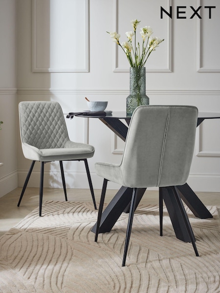 Set of 2 Soft Velvet Mid Grey Black Hamilton Black Leg Quilted Dining Chairs (C10520) | €320