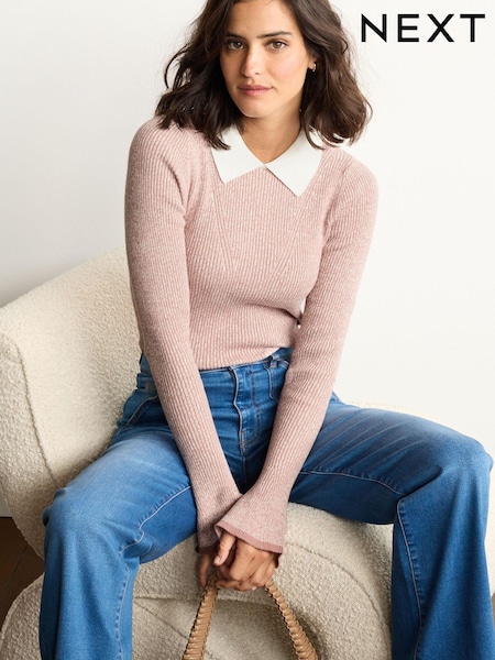 Blush Pink Flared Sleeve Collar Knit Top (C12685) | €20