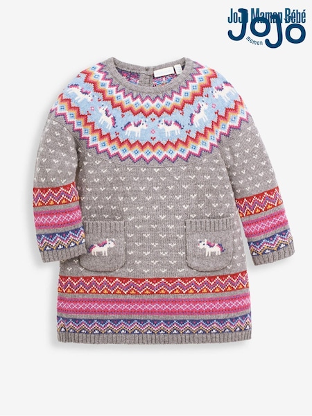 JoJo Maman Bébé Marl Grey Unicorn Fairisle Pattern Knitted Dress (C13745) | €54