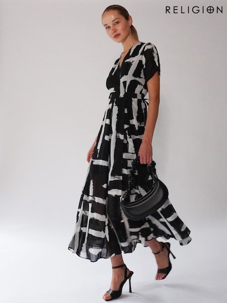 Religion Black White Delight Wrap Dress With Full Skirt (C14269) | 495 QAR