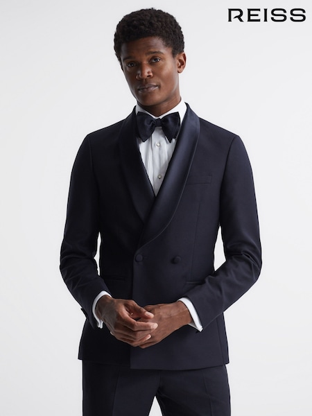 Reiss Navy Expose Double Breasted Satin Shawl Blazer (C14315) | AED2,866