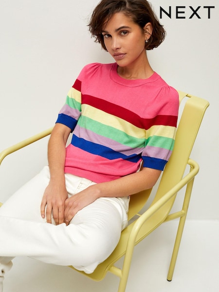 Pink Rainbow Printed Crew Neck Short Sleeve Knitted Top (C14362) | €8