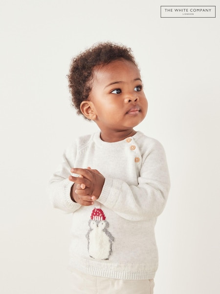 The White Company Cream Organic Cotton Snowy Penguin Pom Jumper (C15116) | €18.50